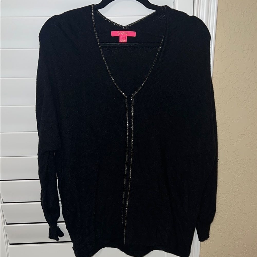 Black Women's V-Neck Cardigan Sweater with Subtle Metallic Trim